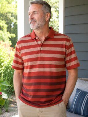 Men's Structure Orange, Cream, Gray, and Black Polo Shirt with Gradient Stripes